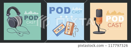 Podcast cover. Podcasting show covers, speaker voice microphone record radio music broadcast, audio sound speech online broadcasting social media communication vector illustration Podcast cover. Podcasting show covers, speaker voice microphone record radio music broadcast, audio sound speech online broadcasting social media communication vector illustration 117797326