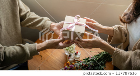 Hands Exchanging a Gift Wrapped with Pink Ribbon Hands Exchanging a Gift Wrapped with Pink Ribbon 117797636