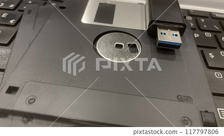 From Past to Present. The Evolution of Data Storage. The striking visual comparison between an old black floppy disk and today's blue USB stick symbolizes the rapid advancement of data storage technol From Past to Present. The Evolution of Data Storage. The striking visual comparison between an old black floppy disk and today's blue USB stick symbolizes the rapid advancement of data storage technol 117797806