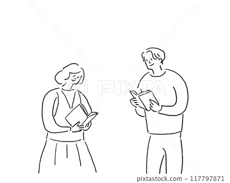Men and women reading books, line drawing Men and women reading books, line drawing 117797871