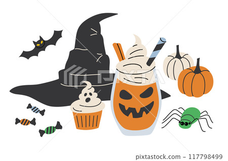 Vector illustration set of Halloween themed elements, composition with witch hat, Jack-o-lantern cocktail, candies, spooky cupcake. Cartoon collection for festive decorations and party designs Vector illustration set of Halloween themed elements, composition with witch hat, Jack-o-lantern cocktail, candies, spooky cupcake. Cartoon collection for festive decorations and party designs 117798499