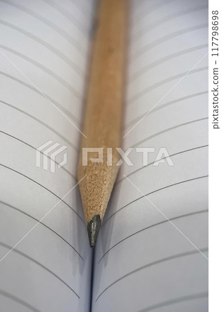 Pencil on Notebook.A close-up of a wooden pencil resting on a lined notebook with open pages. 117798698