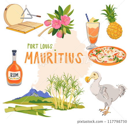 Mauritius map, landmarks of the island in flat style. Vector sugar cane, Peter mountain, endemic Dodo bird, trochetia boutoniana flowers, pineapple, falooda, millionaire salad, Sega music instruments. 117798730