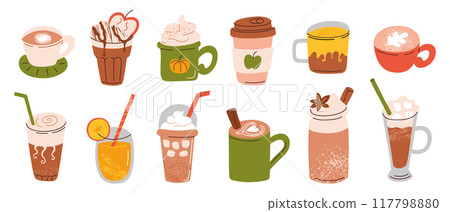Vector illustration set of cozy autumn drinks in various mugs, collection for fall season. The cartoon hand drawn designs of hot beverages like coffee, tea, pumpkin spice latte, cafe menu Vector illustration set of cozy autumn drinks in various mugs, collection for fall season. The cartoon hand drawn designs of hot beverages like coffee, tea, pumpkin spice latte, cafe menu 117798880