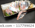 Holding chopsticks for raw saury sashimi 117799024