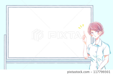 A female nurse pointing at a whiteboard A female nurse pointing at a whiteboard 117799301