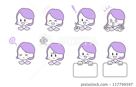 Illustration set of middle-aged women with various expressions and poses, 2-color 117799397