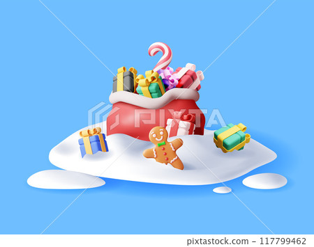 3D open santa claus sack full of gifts in snow 3D open santa claus sack full of gifts in snow 117799462
