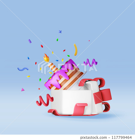 3D cake with candle with confetti in gift box 3D cake with candle with confetti in gift box 117799464