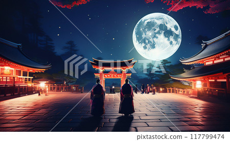 Full moon night, moon viewing scene in the shrine grounds 02 117799474