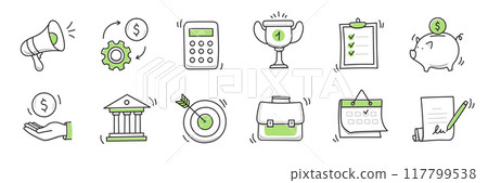 Hand drawn doodle business, money icon set. Finance, money, marketing sketch drawn cute trendy line doodle icon. Business bank, finance calculator, economic goal elements. Vector 117799538
