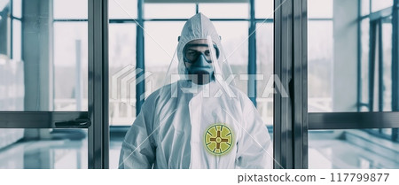 Person in protective gear with a radioactive symbol, standing in a secure area. High quality photo 117799877