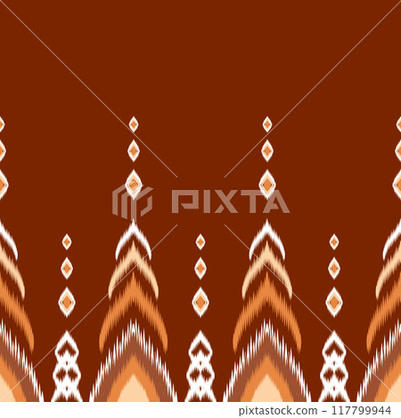Ethnic ikat seamless pattern traditional Design for background, carpet, wallpaper, clothing, wrapping, Batik, fabric, Vector illustration. embroidery style. On dark red background 117799944
