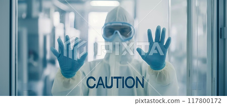 Person in Protective Suit with Caution Sign. High quality photo Person in Protective Suit with Caution Sign. High quality photo 117800172