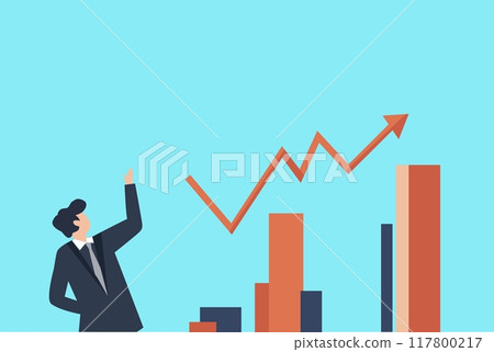 Businessman Pointing at Growing Bar Chart on Blue Background for Financial and Business Presentations 117800217
