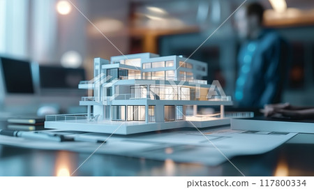 Architectural Model of Modern Building on Designers Desk. High quality photo 117800334