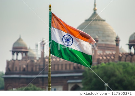 Indian Flag Waving Proudly in Front of Historical Monument. High quality photo Indian Flag Waving Proudly in Front of Historical Monument. High quality photo 117800371