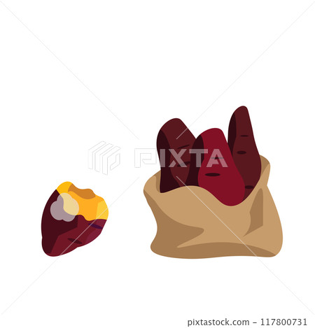 Illustration of baked sweet potatoes in a bag and baked sweet potatoes cut in half Illustration of baked sweet potatoes in a bag and baked sweet potatoes cut in half 117800731