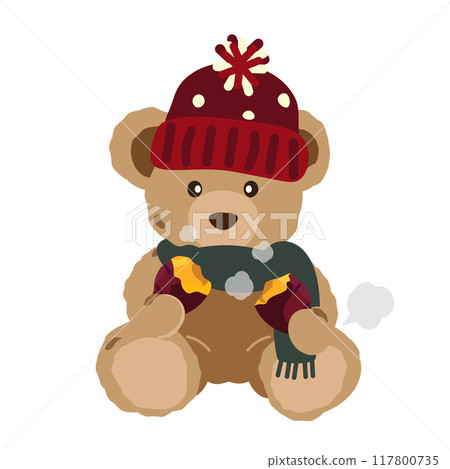 Illustration of a teddy bear eating a halved roasted sweet potato and farting 117800735
