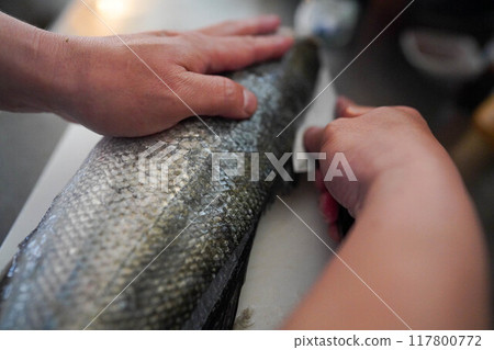 Fresh fish filleted in three pieces Fresh fish filleted in three pieces 117800772