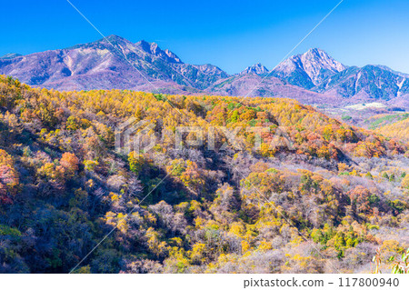 [Autumn material] Yatsugatake and blue sky during the autumn leaves season seen from Yatsugatake Ohashi Bridge [Yamanashi Prefecture] 117800940