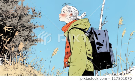 年輕女子在秋季田野裡徒步旅行 年輕女子在秋季田野裡徒步旅行 117801070