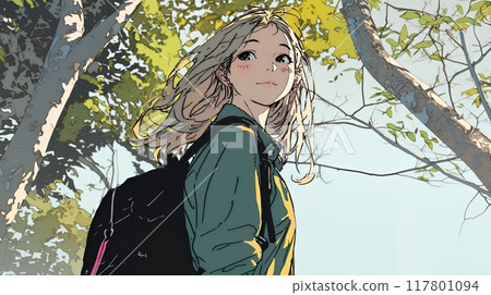 Autumn leaves on the trees in the city and a young woman 117801094