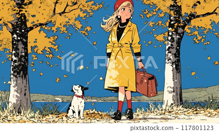 A young woman strolling along a waterside path lined with autumn leaves 117801123