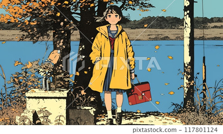 A young woman strolling along a waterside path lined with autumn leaves 117801124
