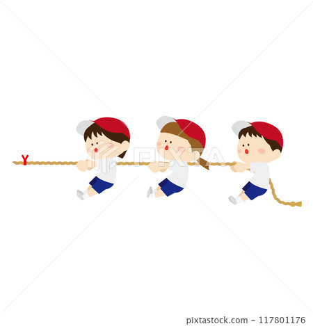 Cute kids in red hats playing tug of war 117801176
