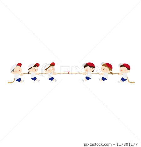 Cute kids in red and white hats playing tug of war 117801177