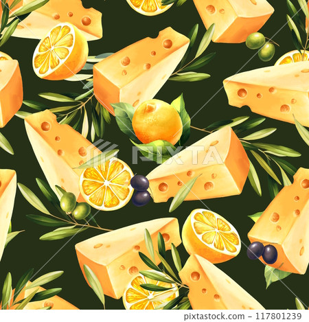 Dark kitchen pattern with cheese, lemons and olives. Seamless cooking background. Hand drawn Dark kitchen pattern with cheese, lemons and olives. Seamless cooking background. Hand drawn 117801239