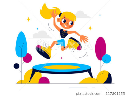 Vector Illustration of a Little Boy or Girl Jumping on a Trampoline, Enjoying Summer Outdoor Activities with a Flat Style Cartoon Background Vector Illustration of a Little Boy or Girl Jumping on a Trampoline, Enjoying Summer Outdoor Activities with a Flat Style Cartoon Background 117801255