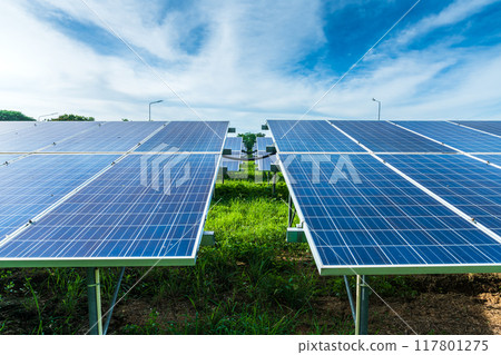 Photovoltaic solar power panel on dramatic sunset blue sky background, green clean Alternative power energy concept. Photovoltaic solar power panel on dramatic sunset blue sky background, green clean Alternative power energy concept. 117801275
