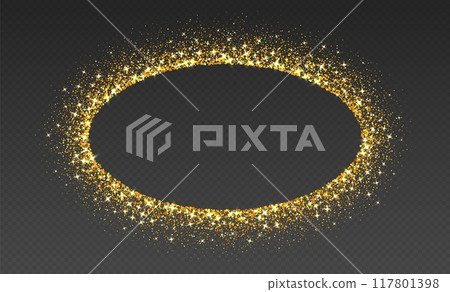 Golden glitter frame, shimmering border in oval shape, festive holiday sparkles. Christmas decoration. 117801398