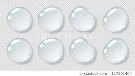 Serum drops, clear gel droplets, realistic glossy liquid, moisturizing cosmetic product, hyaluronic acid concept. 117801404