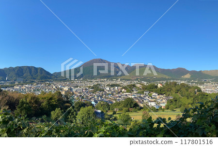 鶴見山、扇山山脈和別府市中心 117801516