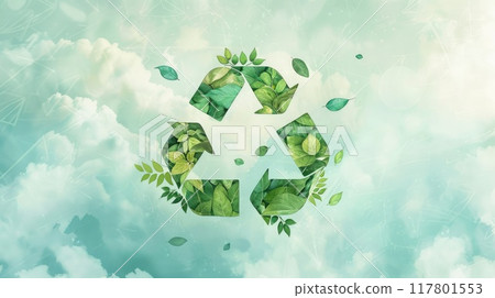 Green leaves and branches recycling symbol icon, background with pastel-colored elements like clouds and light blue sky. Icon representing the ecological call to recycle 117801553