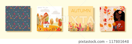 Set of square posters with autumn cards. Dear hills houses. Black woman with flowers. Invitation, sale, or magazine and book cover. Hamd drawn vectoor 117801648