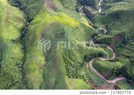 Landscape of Morning Mist with Mountain Layer at north of Thailand. mountain ridge and clouds in rural jungle bush forest 117801778
