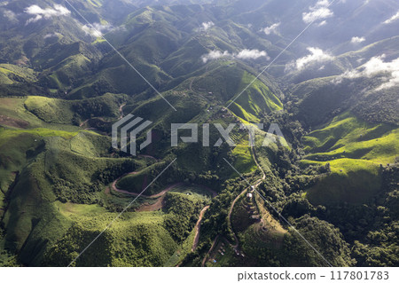 Landscape of Morning Mist with Mountain Layer at north of Thailand. mountain ridge and clouds in rural jungle bush forest 117801783