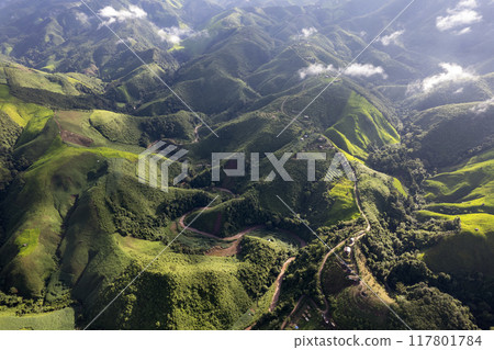 Landscape of Morning Mist with Mountain Layer at north of Thailand. mountain ridge and clouds in rural jungle bush forest Landscape of Morning Mist with Mountain Layer at north of Thailand. mountain ridge and clouds in rural jungle bush forest 117801784
