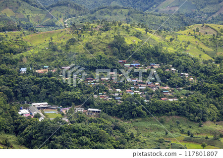 Landscape of Morning Mist with Mountain Layer at north of Thailand. mountain ridge and clouds in rural jungle bush forest Landscape of Morning Mist with Mountain Layer at north of Thailand. mountain ridge and clouds in rural jungle bush forest 117801807