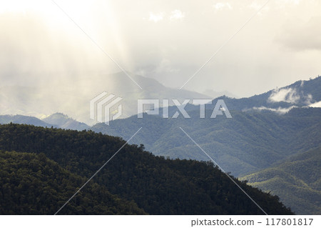 Morning Mist and Viewpoint with Layers of Mountains 117801817