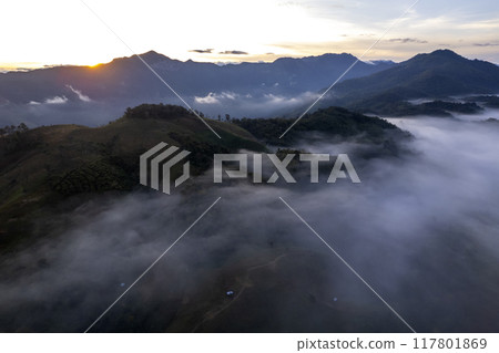 Landscape of Morning Mist with Mountain Layer at north of Thailand. mountain ridge and clouds in rural jungle bush forest 117801869