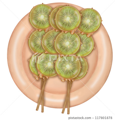 Kiwi tanghulu candied coating syrup of Chinese snacks fruits,Sweet dessert skewer hand drawn illustrations. Kiwi tanghulu candied coating syrup of Chinese snacks fruits,Sweet dessert skewer hand drawn illustrations. 117801878