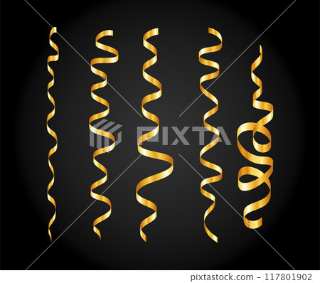 Gold confetti. Serpentine spiral ribbons. Golden luxury party decor. Gold confetti. Serpentine spiral ribbons. Golden luxury party decor. 117801902