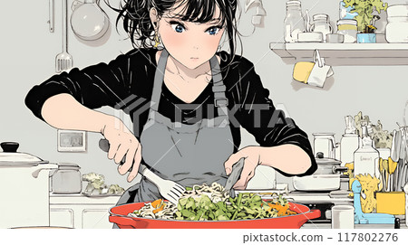 一名年輕女子正在為自己不熟悉的烹飪而苦苦掙扎。 一名年輕女子正在為自己不熟悉的烹飪而苦苦掙扎。 117802276