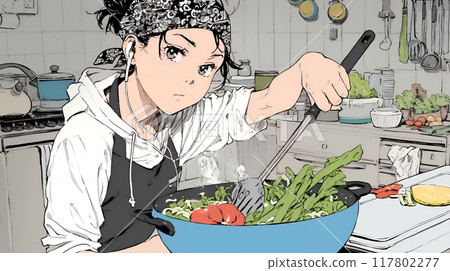 一名年輕女子正在為自己不熟悉的烹飪而苦苦掙扎。 117802277