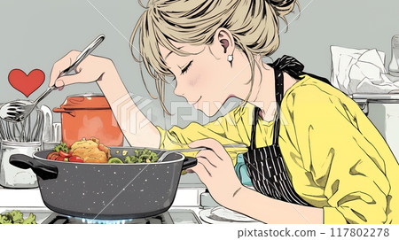 A young woman struggling with unfamiliar cooking A young woman struggling with unfamiliar cooking 117802278